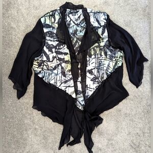 Simply Silk black and leaf print kimono concept blouse size Large XLarge